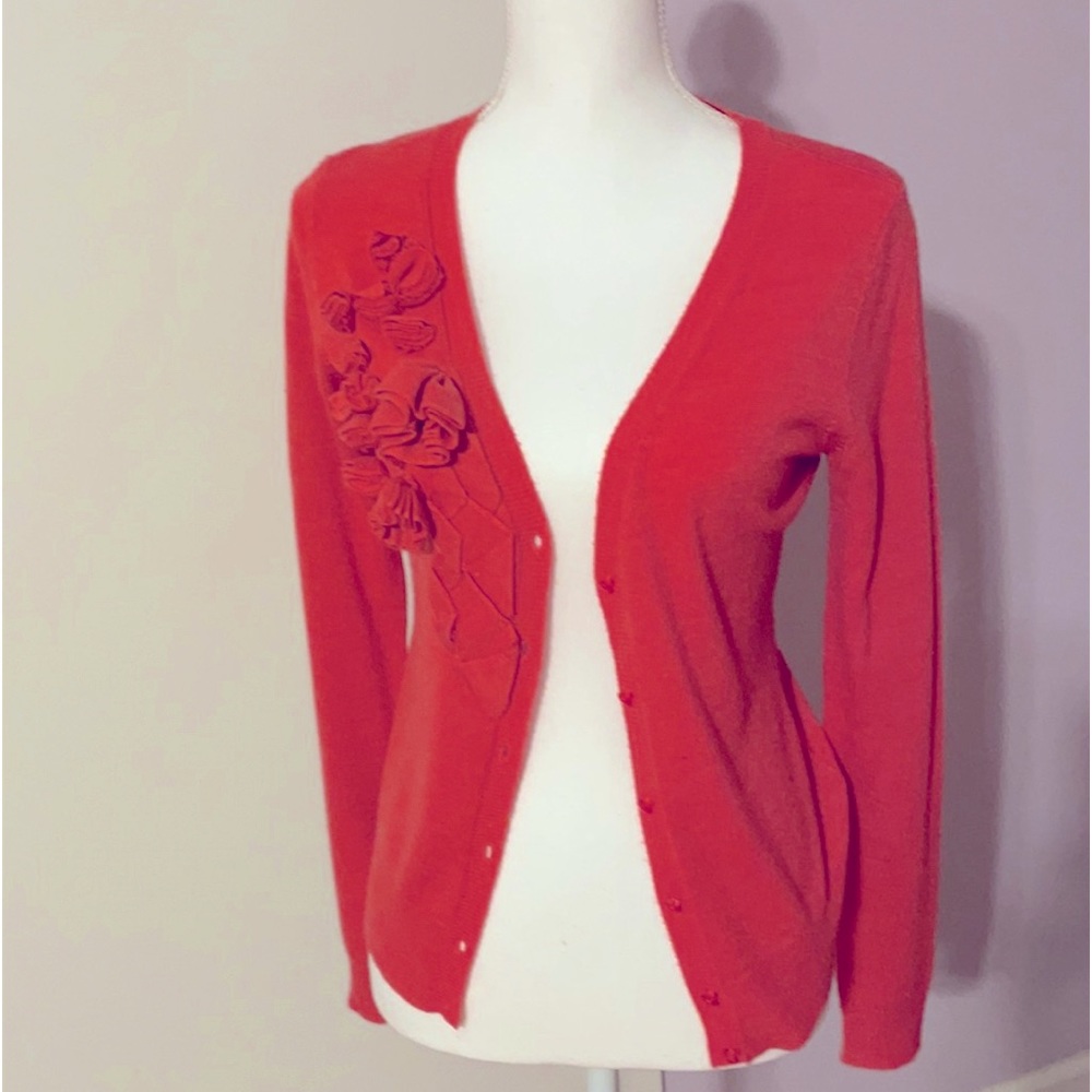 New York & Co. Coral, Floral, Appliqué Cardigan Sweater, XS